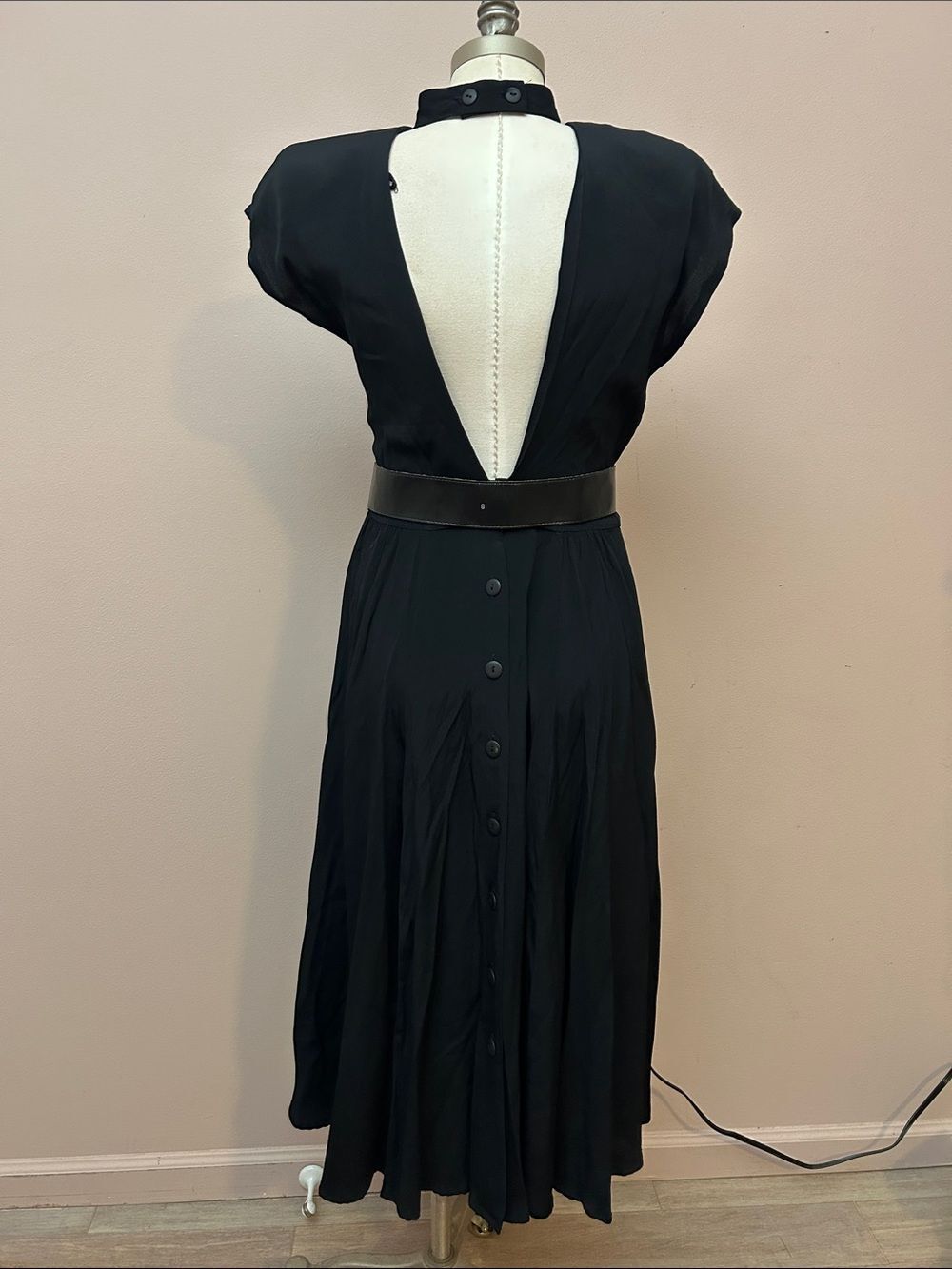 VTG Phoebe 50s Black Midi Dress with Waist Belt open v- back size S